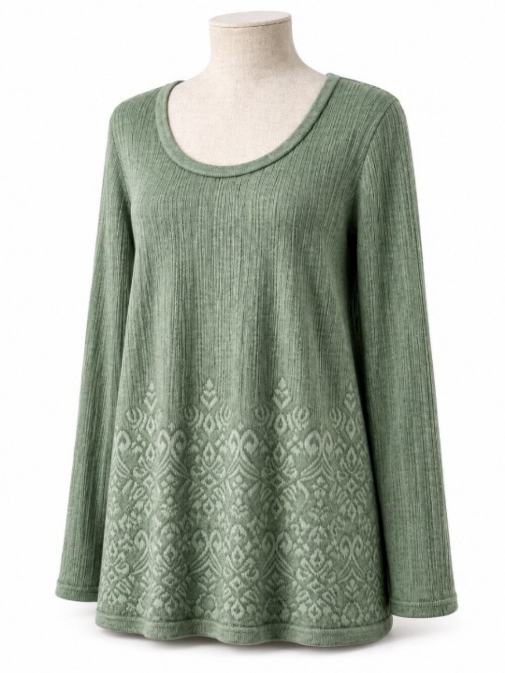 Soft Surroundings Sage Green Rib Knit Jacquard Border Tunic Top Size L